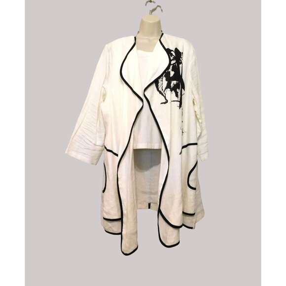 Moonlight Y&S Fashion Jacket 2X White Black Trim 3/4 Slv Abstract Print Linen - Picture 1 of 7